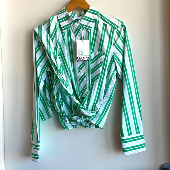 GANNI WRAPAROUND BELT STRIPE ORGANIC COTTON SHIRT - Picture 3 of 7